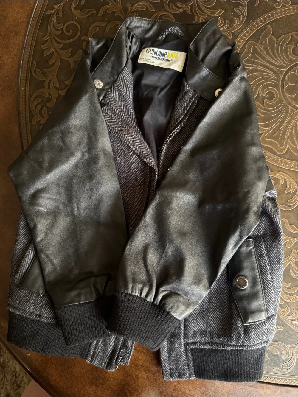 OshKosh B'gosh Black Faux Leather and Gray Herringbone Kids Jacket
